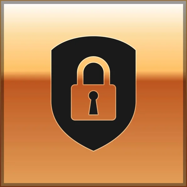 Bezpečnost černého štítu s ikonou zámku izolovanou na zlatém pozadí. Ochrana, bezpečnost, zabezpečení heslem. Brána firewall má přístup k ochraně osobních údajů. Vektorová ilustrace — Stockový vektor