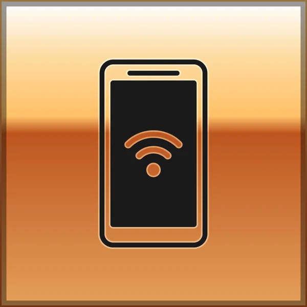 Smartphone preto com ícone de conexão sem fio wi-fi gratuito isolado em fundo dourado. Tecnologia sem fio, conexão wi-fi, rede sem fio. Ilustração vetorial —  Vetores de Stock