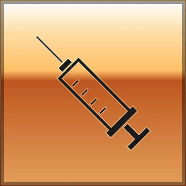 Icono de jeringa negra aislado sobre fondo dorado. Jeringa para vacuna, vacunación, inyección, vacuna contra la gripe. Equipo médico. Ilustración vectorial — Archivo Imágenes Vectoriales