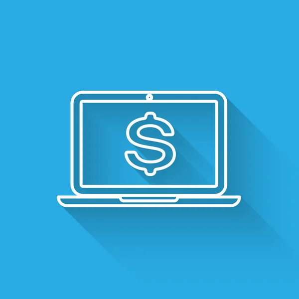 Laptop blanco con símbolo de dólar icono aislado con sombra larga. Concepto de compras online. Concepto económico. Ilustración vectorial — Archivo Imágenes Vectoriales