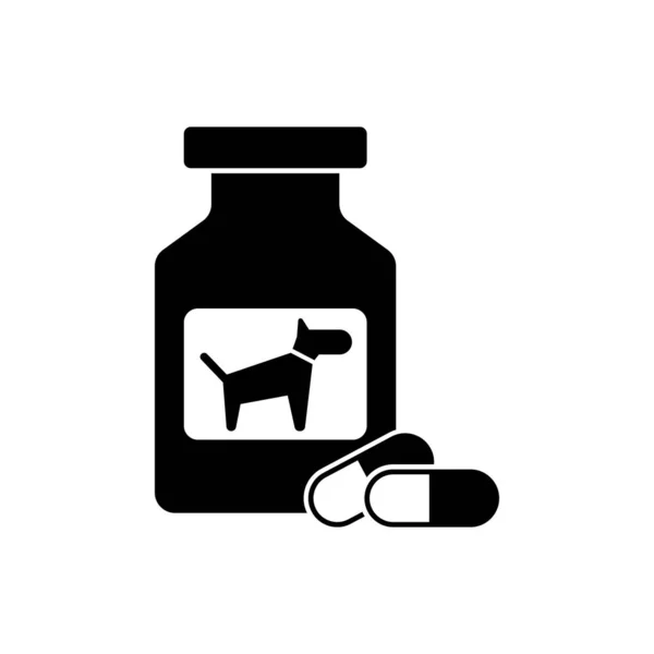 Black Dog ilaç şişe ve hap simgesi izole. Haplarla dolu bir kap. Hayvanlar için reçeteli ilaç. Vektör İllüstrasyonu — Stok Vektör