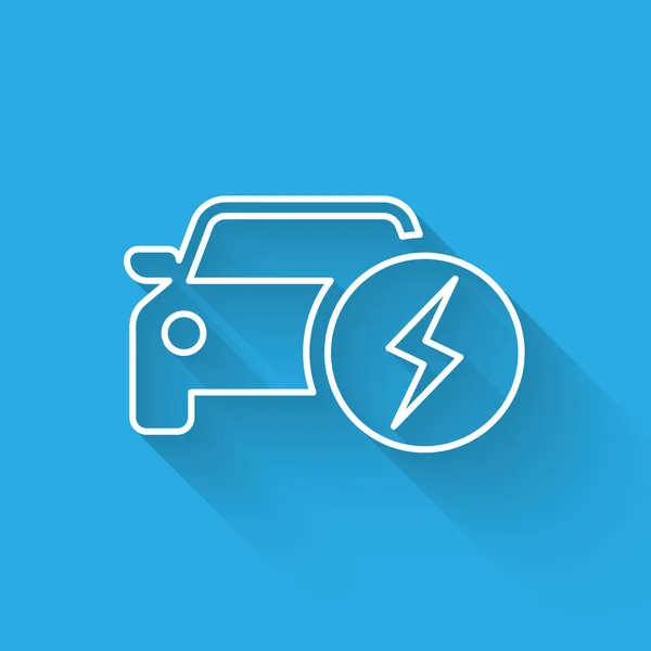 Carro elétrico branco e ícone de carregamento de plugue de cabo elétrico isolado com sombra longa. Tecnologias ecológicas renováveis. Ilustração vetorial — Vetor de Stock