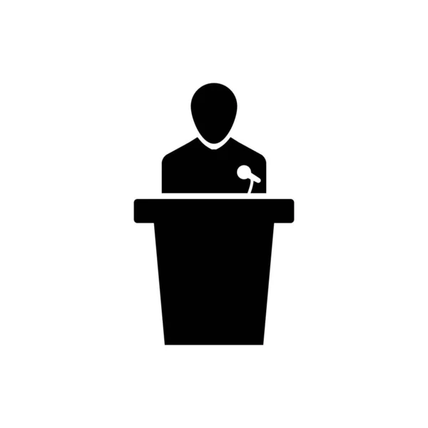 Black Speaker icon isolated on white background. Orator speaking from tribune. Public speech. Person on podium. Vector Illustration