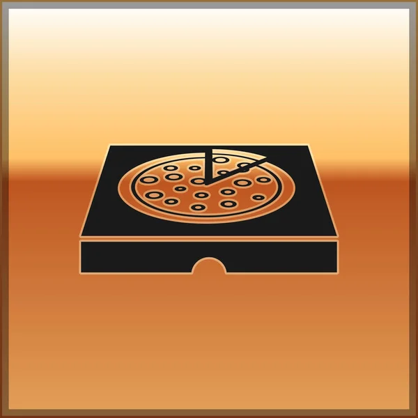 Pizza preta no ícone da caixa de papelão isolado no fundo de ouro. Caixa com elementos de layout. Ilustração vetorial — Vetor de Stock