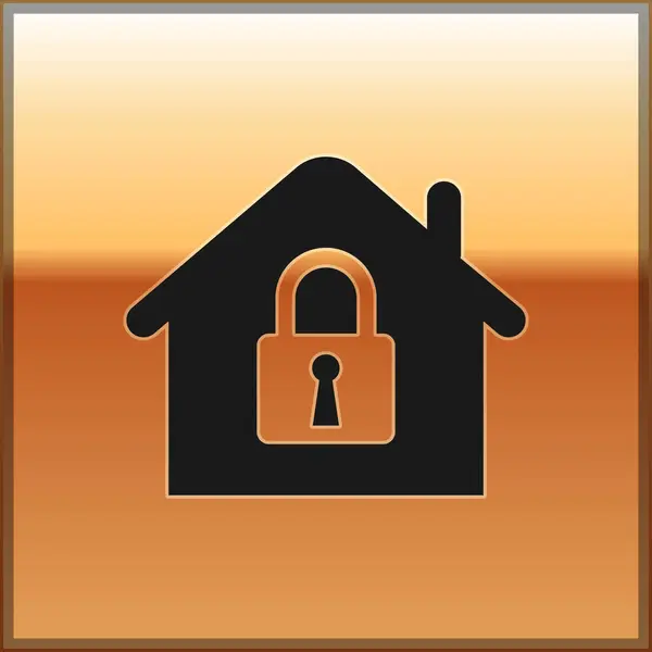 Black House under protection icon isolated on gold background. Home and lock. Protection, safety, security, protect, defense concept. Vector Illustration — Stock Vector