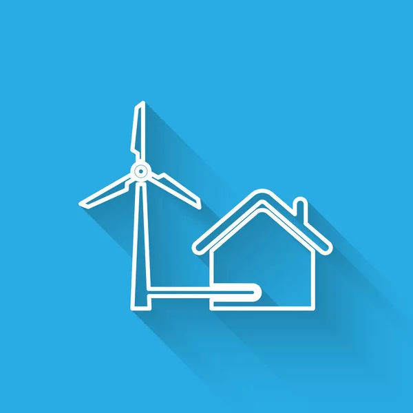 White House with wind turbine for electric energy generation line icon isolated with long shadow. Eco-friendly house. Environmental Protection. Vector Illustration — Stock Vector