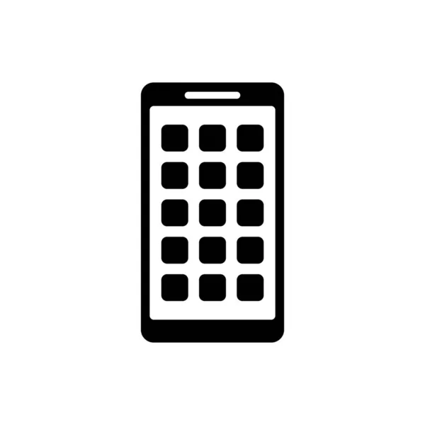 Ikona Black Mobile Apps je izolována na bílém pozadí. Smartphone s ikonami na obrazovce, aplikace. mobilní telefon zobrazující obrazovku. Vektorová ilustrace — Stockový vektor
