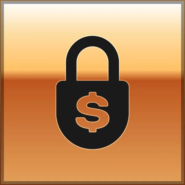 黑钱锁图标孤立在黄金背景。挂锁和美元符号。财务、安全、安全、保护、隐私理念。矢量插图 — 图库矢量图片