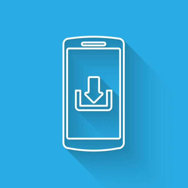 Smartphone bianco con icona di download isolata con lunga ombra. Illustrazione vettoriale — Vettoriale Stock