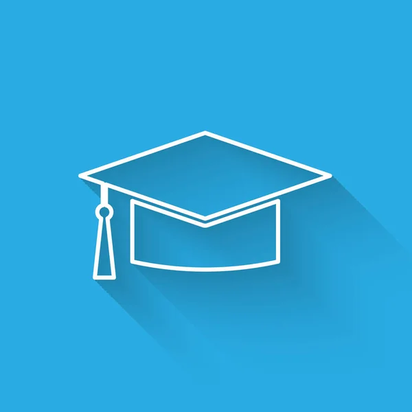 Icono blanco de la tapa de graduación aislado con sombra larga. Sombrero de graduación con icono de borla. Ilustración vectorial — Archivo Imágenes Vectoriales