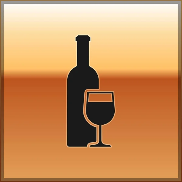 Svart vinflaska med vinglas ikon isolerad på guld bakgrund. Vektor illustration — Stock vektor