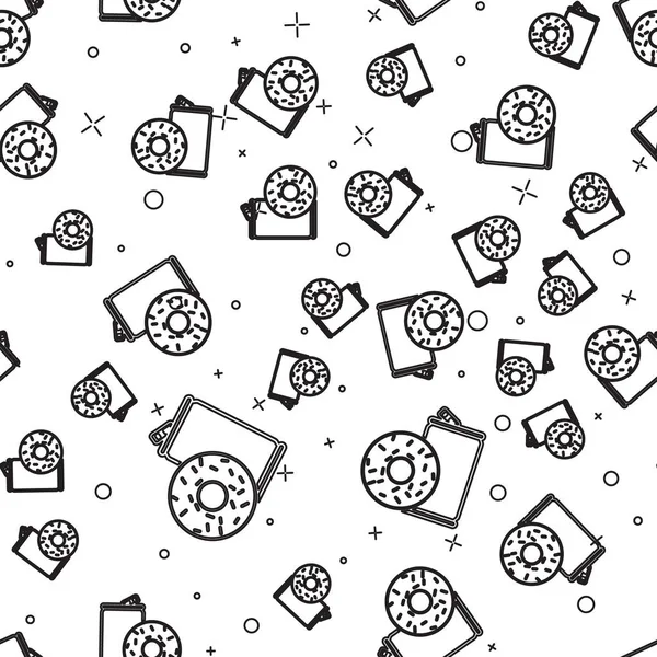 Aluminium noir peut soda et donut ligne icône isolée motif sans couture sur fond blanc. Symbole de restauration rapide. Illustration vectorielle — Image vectorielle
