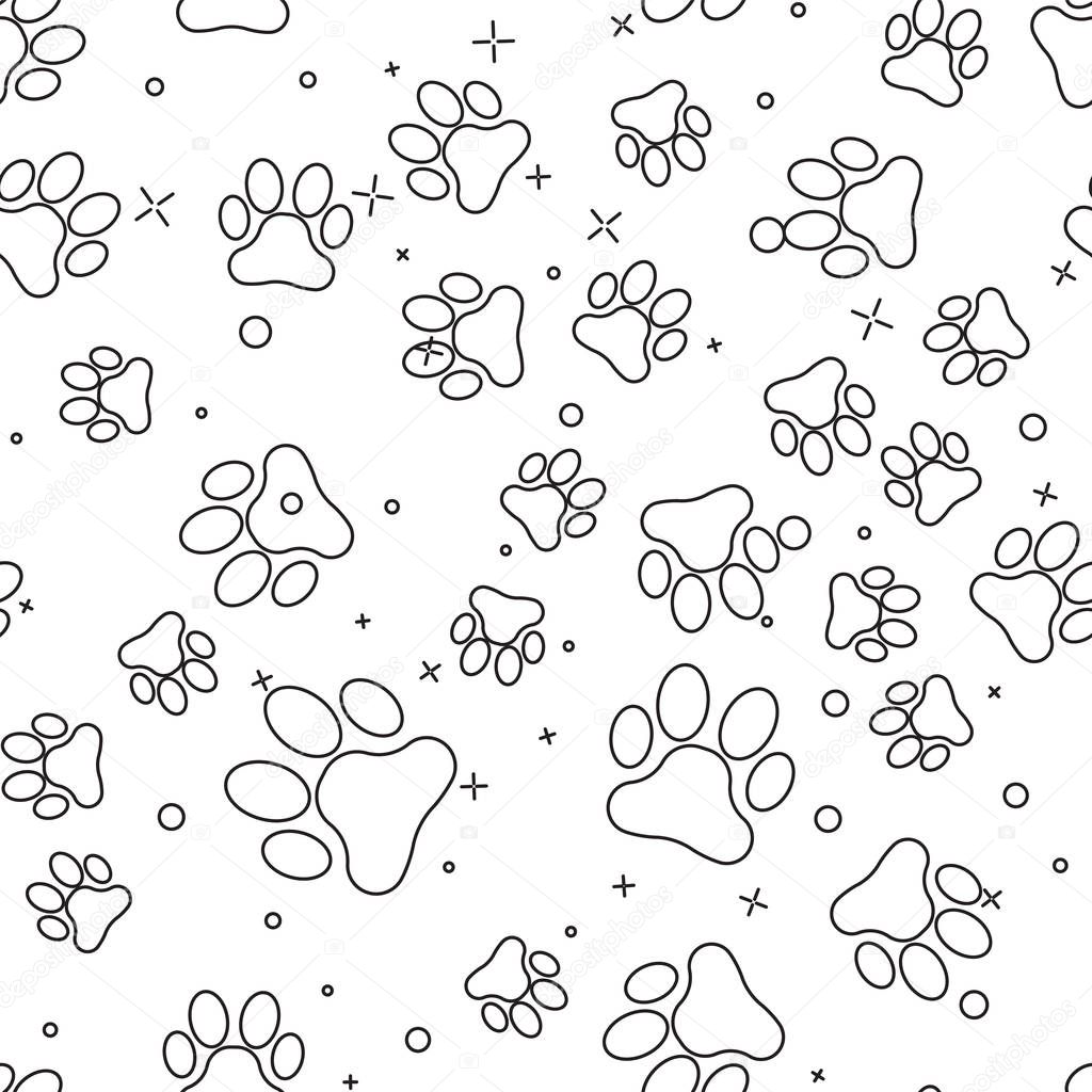 Black Paw print icon isolated seamless pattern on white background. Dog or cat paw print. Animal track. Vector Illustration