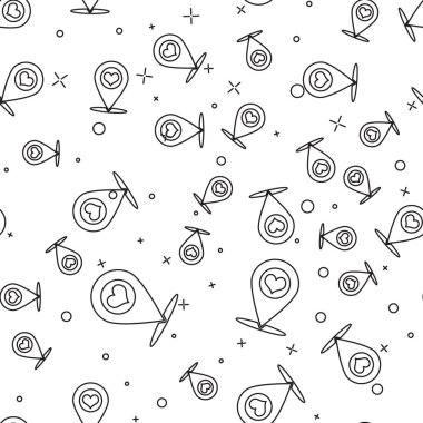 Beyaz arka plan üzerinde kalp simgesi izole dikişsiz desen ile Siyah Harita işaretçisi. Vektör İllüstrasyonu