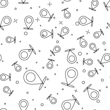 Siyah Harita pin simgesi beyaz arka plan üzerinde sorunsuz desen izole. İşaretçi simgesi. Konum işareti. Navigasyon haritası, gps, yön, yer, pusula, iletişim, arama konsepti. Vektör İllüstrasyonu