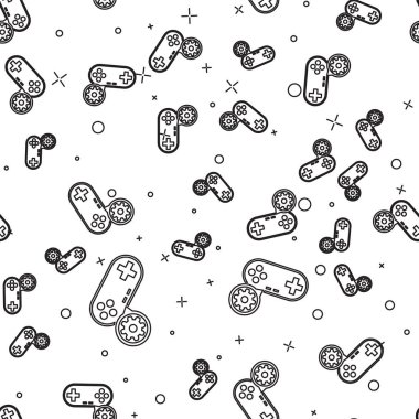 Siyah Gamepad ve dişli simgesi beyaz arka plan üzerinde sorunsuz desen izole. Uygulama, servis konsepti, ayar seçenekleri, bakım, onarım, sabitleme ayarlama. Vektör İllüstrasyonu