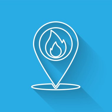 Uzun gölge ile yalıtılmış yangın alev hattı simgesi ile Beyaz Harita işaretçisi. Yakındaki yangın. Vektör İllüstrasyonu