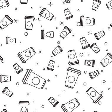 Siyah Kahve fincan çizgi simgesi beyaz arka plan üzerinde sorunsuz desen izole. Sıcak kahve ile tek kullanımlık kahve fincanı. Vektör İllüstrasyonu