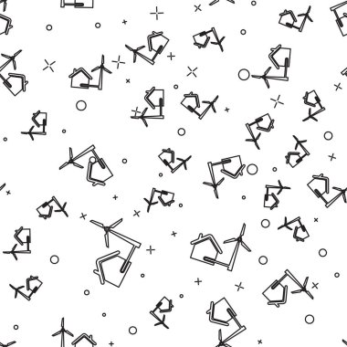 Elektrik enerjisi üretimi hattı simgesi için rüzgar türbini ile Siyah Ev beyaz arka plan üzerinde izole dikişsiz desen. Çevre dostu bir ev. Çevre Koruma. Vektör İllüstrasyonu