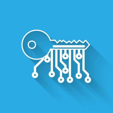 Beyaz Cryptocurrency anahtar satırı simgesi uzun gölge ile yalıtılmış. Siber güvenlik veya özel anahtar kavramı, teknoloji arayüzü ile dijital anahtar. Vektör İllüstrasyonu