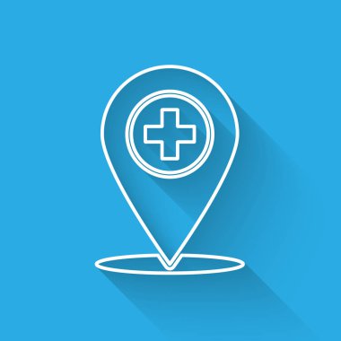 Uzun gölge ile izole çapraz hastane simgesi ile Beyaz Tıbbi harita işaretçisi. Vektör İllüstrasyonu