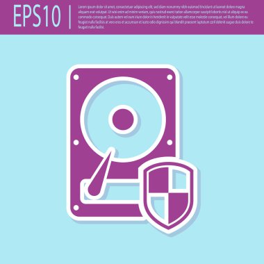 Retro mor Sabit disk sürücüsü (Hdd) koruma simgesi turkuaz arka plan üzerinde izole. Düz tasarım. Vektör İllüstrasyonu