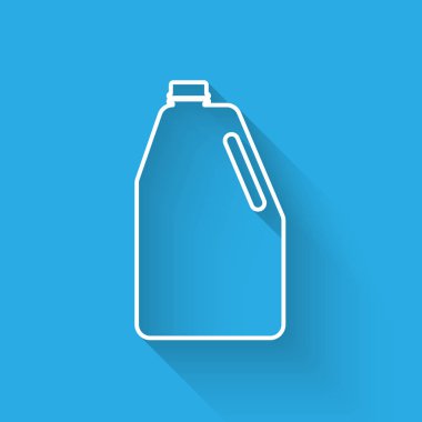 Beyaz Ev kimyasallar boş plastik şişe simgesi uzun gölge ile izole. Sıvı deterjan veya sabun, leke çıkarıcı, çamaşır suyu. Vektör İllüstrasyonu