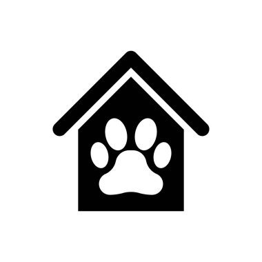 Black Dog ev ve pençe baskı pet simgesi izole. Köpek kulübesi. Vektör İllüstrasyonu