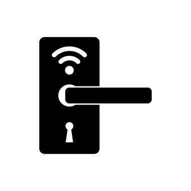 İzole simge kilidini açmak için kablosuz teknoloji ile Siyah Dijital kapı kilidi. Kapı kolu işareti. Kavramın güvenlik akıllı ev. Vektör İllüstrasyonu