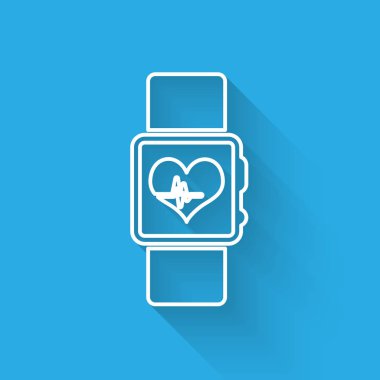 Uzun gölge ile izole kalp atış hızı simgesi gösteren Beyaz Akıllı saat. Fitness Uygulaması konsepti. Vektör İllüstrasyonu