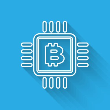 Beyaz Cpu madenciliği çiftlik satırı simgesi uzun gölge ile yalıtılmış. Mikroçipin içinde Bitcoin işareti. Kripto para madenciliği topluluğu. Dijital para. Vektör İllüstrasyonu