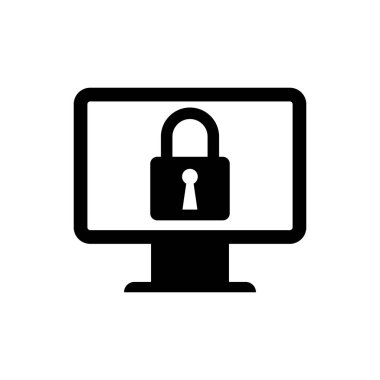 Bilgisayar monitörü ekran simgesi yalıtılmış Siyah Kilit. Monitör ve asma kilit. Güvenlik, güvenlik, koruma konsepti. Güvenli internet çalışması. Vektör İllüstrasyonu