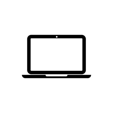 Beyaz arkaplanda siyah dizüstü bilgisayar simgesi izole edildi. Boş ekran işaretli bilgisayar defteri. Vektör İllüstrasyonu