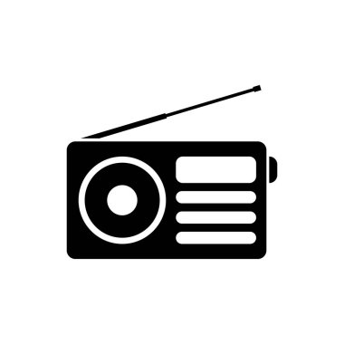 Beyaz arka planda izole edilmiş anten simgesine sahip siyah radyo. Vektör İllüstrasyonu