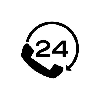 Siyah Telefon 24 saat destek simgesi beyaz arka plan üzerinde izole. Tüm gün müşteri desteği çağrı merkezi. Tam zamanlı arama hizmetleri. Vektör İllüstrasyonu