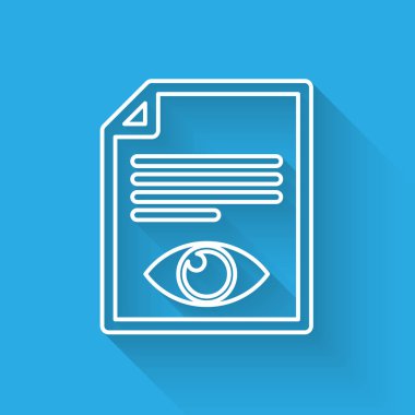 Uzun gölge ile izole göz sembolü çizgi simgesi ile Beyaz Kağıt sayfası. Bilgi dosyası işaretini açın. Vektör İllüstrasyonu