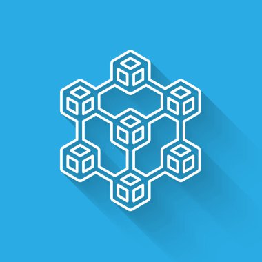 Uzun gölge ile izole Beyaz Blockchain teknoloji satır simgesi. Cryptocurrency veri işareti. Soyut geometrik blok zincir ağ teknolojisi iş. Vektör İllüstrasyonu