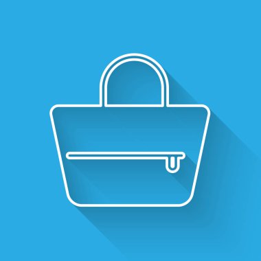 Beyaz Çanta simgesi uzun gölge ile izole. Kadın çanta tabelası. Glamour rahat bagaj sembolü. Vektör İllüstrasyonu