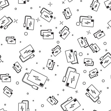 Farklı şarj kablosu simgesi beyaz arka plan üzerinde sorunsuz desen izole ile Siyah Güç bankası. Taşınabilir şarj cihazı. Vektör İllüstrasyonu