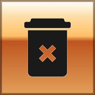 Siyah Çöp Kutusu, altın arka planda yalıtılmış simge olabilir. Simgeyi sil. Çöp kutusu tabelası. Sepet simgesini geri dönüştürün. Office çöp simgesi. Vektör İllüstrasyonu