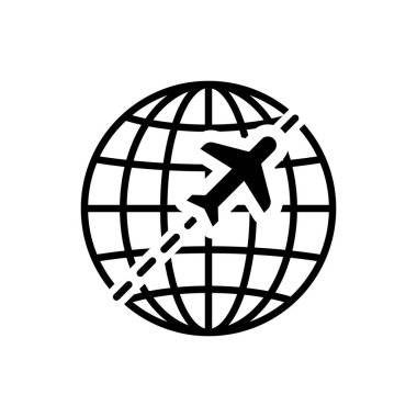 Beyaz arka plan üzerinde izole uçan uçak simgesi ile Black Globe. Uçak dünya gezegeninin etrafında uçar. Uçak dünya simgesi. Vektör İllüstrasyonu
