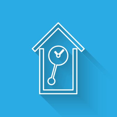 Beyaz Retro duvar saat hattı simgesi uzun gölge ile izole. Guguklu saat işareti. Antika sarkaçlı saat. Vektör İllüstrasyonu