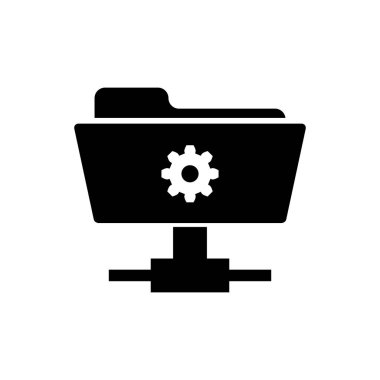 Beyaz arka planda Siyah Ftp ayarları klasör simgesi. Yazılım güncelleştirme, transfer protokolü, yönlendirici, takım çalışması araç yönetimi, kopyalama süreci kavramı. Vektör İllüstrasyonu