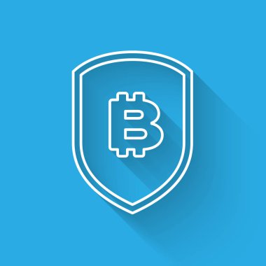 Uzun gölge ile izole bitcoin çizgi simgesi ile Beyaz Kalkan. Kripto para madenciliği, blockchain teknolojisi, bitcoin, güvenlik, koruma, dijital para. Vektör İllüstrasyonu