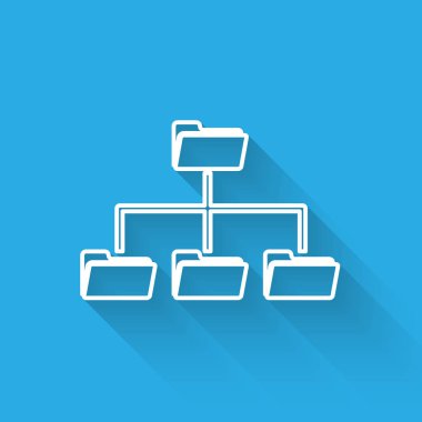 Beyaz Klasör ağaç çizgi simgesi uzun gölge ile yalıtılmış. Bilgisayar ağı dosya klasörü organizasyon yapısı akış şeması. Vektör İllüstrasyonu