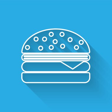 Beyaz Burger çizgi simgesi uzun gölge ile izole. Hamburger simgesi. Cheeseburger sandviç işareti. Vektör İllüstrasyonu