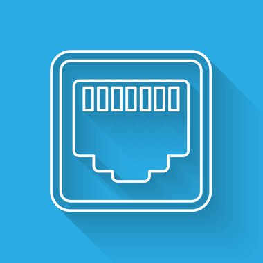 White Network bağlantı noktası - kablo soketi hattı simgesi uzun gölge ile izole. Lan, ethernet bağlantı noktası işareti. Yerel alan bağlayıcı simgesi. Vektör İllüstrasyonu