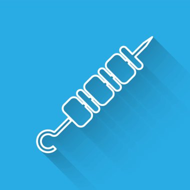 Şiş sopa çizgi simgesi uzun gölge ile izole beyaz Izgara şiş kebap. Şiş çubuğunda et kebabı. Izgara etle piknik. Vektör İllüstrasyonu