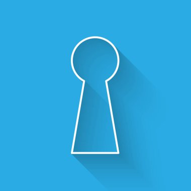 Uzun gölgeile yalıtılmış beyaz anahtar deliği simgesi. Başarı çözümünün anahtarı. Anahtar deliği bilmece kavramını ifade, gizli, gözetleme, güvenlik, güvenlik. Vektör İllüstrasyonu