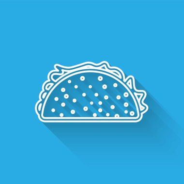 Uzun gölge ile izole tortilla çizgi simgesi ile Beyaz Taco. Geleneksel Meksika fast food'u. Vektör İllüstrasyonu